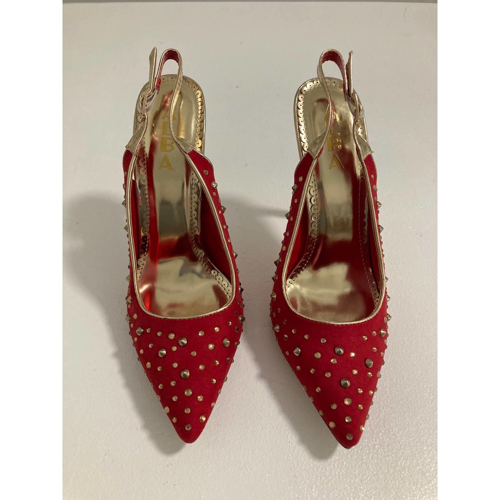 ALBA Size 9 Ricky Red and Gold Studded Pointy Toe Heels, Slingback Pumps